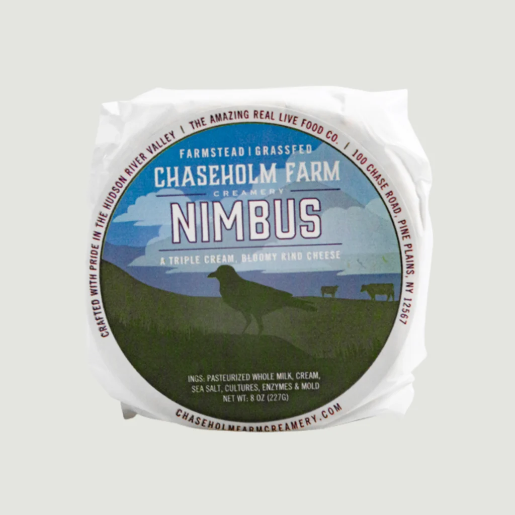 Chaseholm Farm Creamery Nimbus triple cream cheese in its printed wrapper